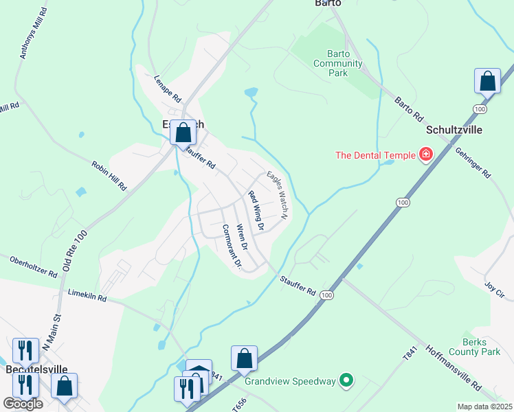 map of restaurants, bars, coffee shops, grocery stores, and more near 8 Red Wing Drive in Bechtelsville