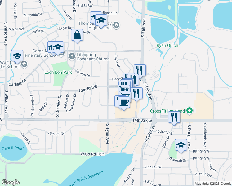 map of restaurants, bars, coffee shops, grocery stores, and more near 1616 10th Street Southwest in Loveland