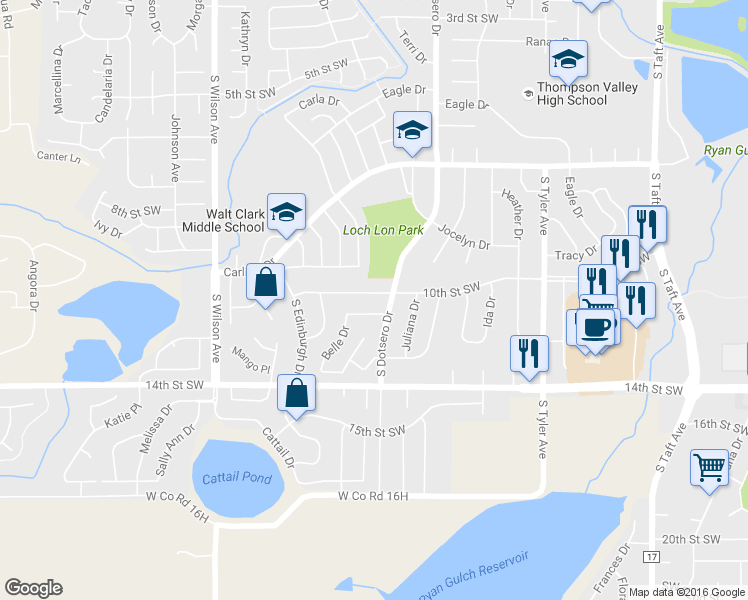 map of restaurants, bars, coffee shops, grocery stores, and more near 2333 10th Street Southwest in Loveland