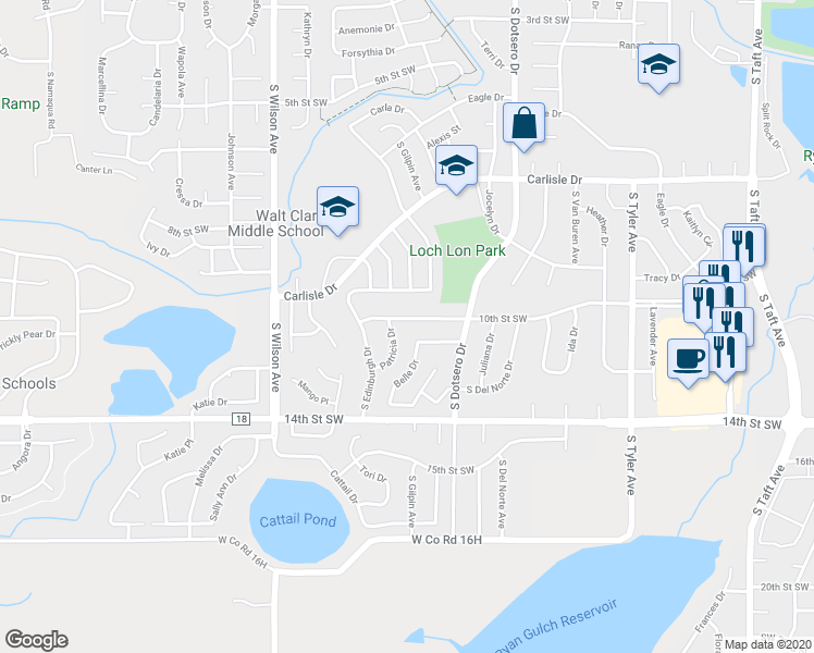map of restaurants, bars, coffee shops, grocery stores, and more near 2453 10th Street Southwest in Loveland