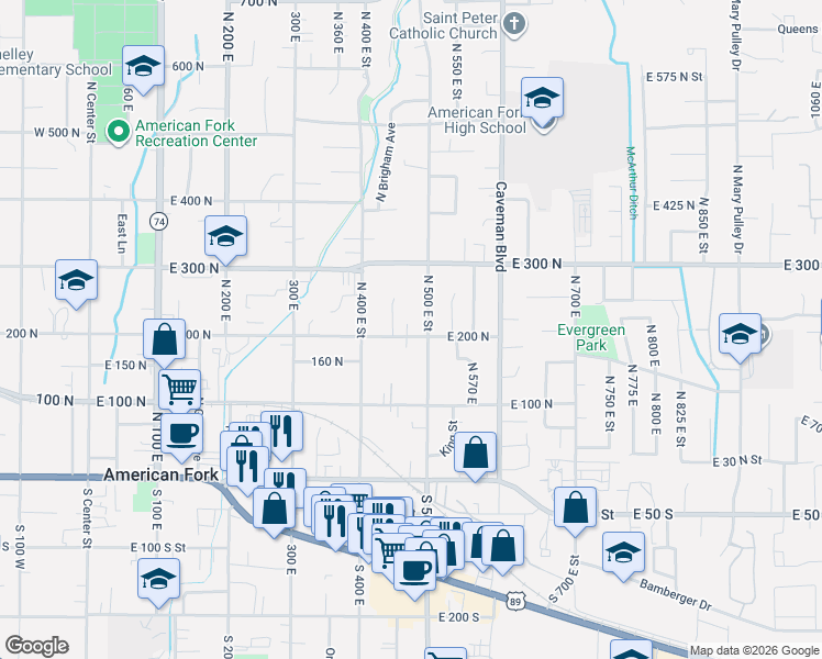 map of restaurants, bars, coffee shops, grocery stores, and more near 479 200 North in American Fork