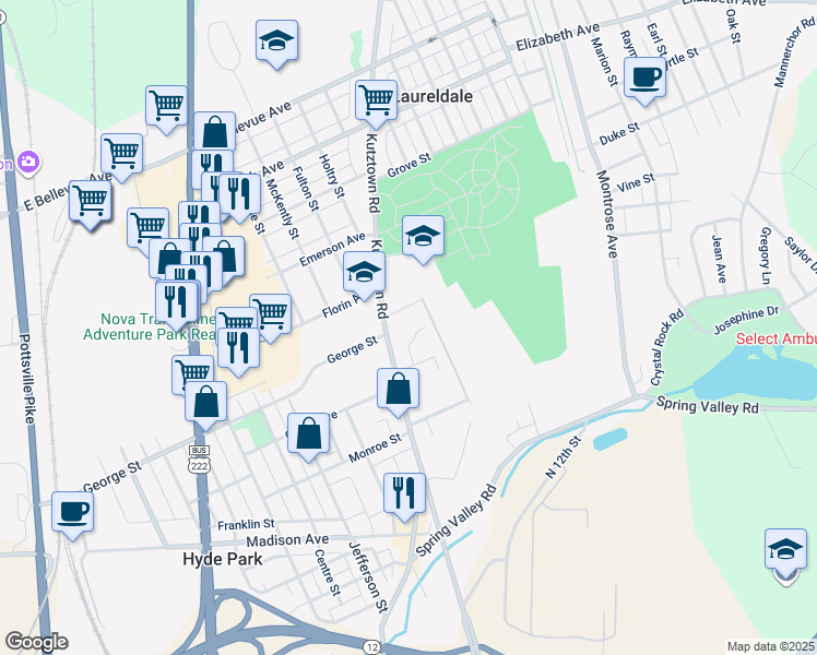 map of restaurants, bars, coffee shops, grocery stores, and more near 3033 Kutztown Road in Reading