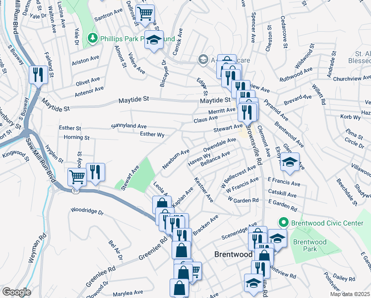 map of restaurants, bars, coffee shops, grocery stores, and more near 46 Fame Way in Pittsburgh