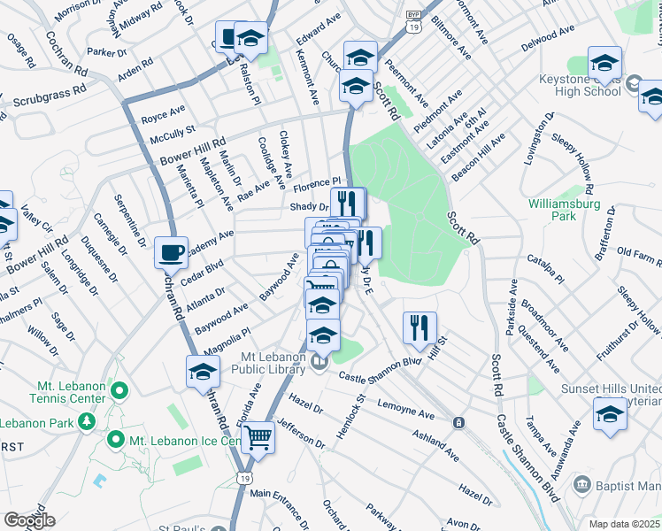 map of restaurants, bars, coffee shops, grocery stores, and more near 650 Washington Road in Mount Lebanon
