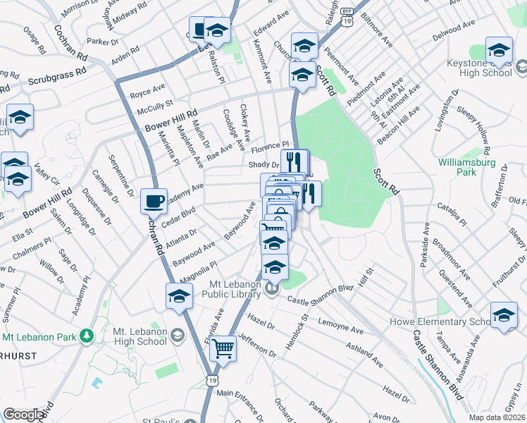map of restaurants, bars, coffee shops, grocery stores, and more near 31 Cedar Boulevard in Pittsburgh