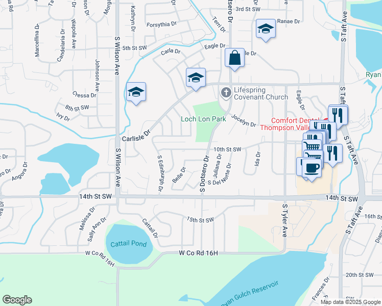 map of restaurants, bars, coffee shops, grocery stores, and more near 2333 10th Street Southwest in Loveland