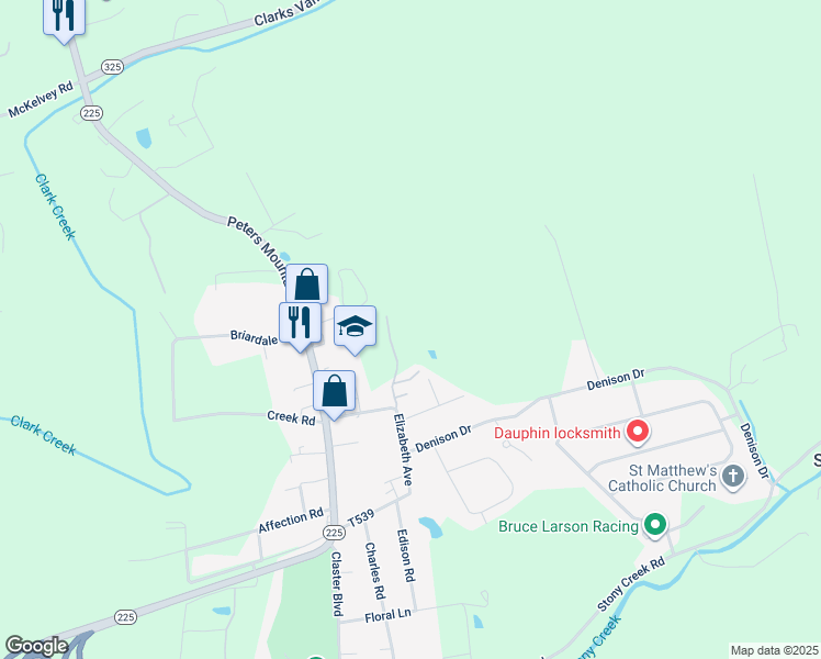 map of restaurants, bars, coffee shops, grocery stores, and more near 170 Landshill Lane in Dauphin