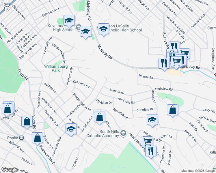 map of restaurants, bars, coffee shops, grocery stores, and more near 697 Country Club Drive in Pittsburgh