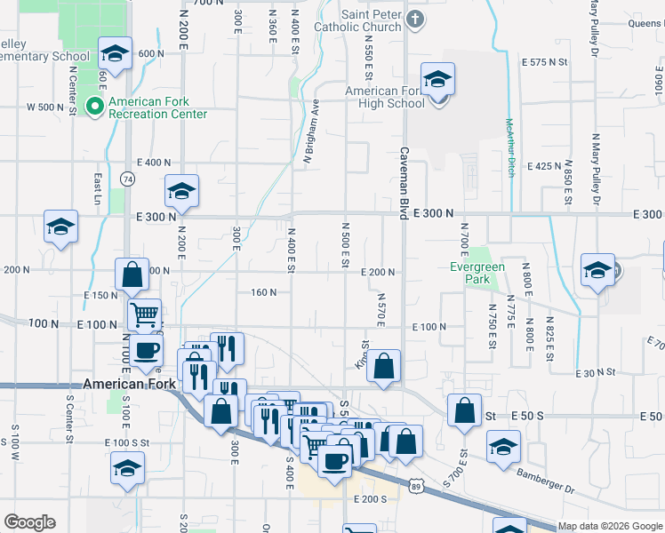 map of restaurants, bars, coffee shops, grocery stores, and more near 479 200 North in American Fork
