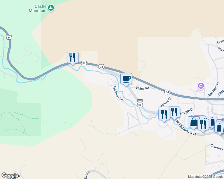 map of restaurants, bars, coffee shops, grocery stores, and more near 475 Fall River Lane in Estes Park