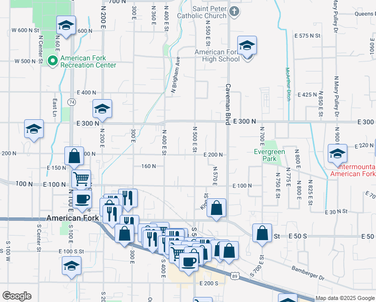map of restaurants, bars, coffee shops, grocery stores, and more near 479 East 200 North in American Fork