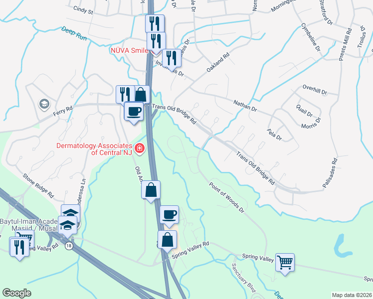 map of restaurants, bars, coffee shops, grocery stores, and more near 19 Amber Drive in Old Bridge