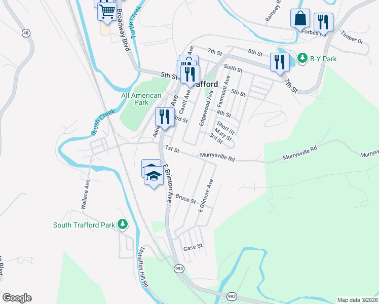 map of restaurants, bars, coffee shops, grocery stores, and more near 106 Edgewood Avenue in Trafford