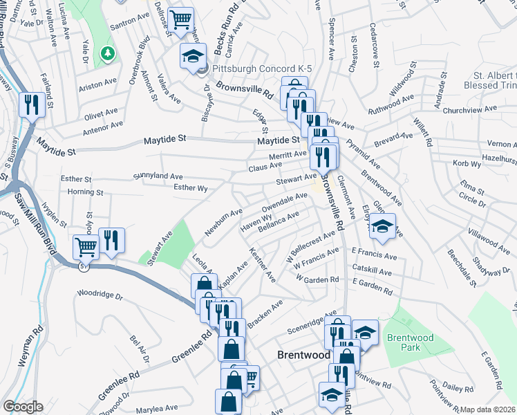 map of restaurants, bars, coffee shops, grocery stores, and more near 46 Fame Way in Pittsburgh