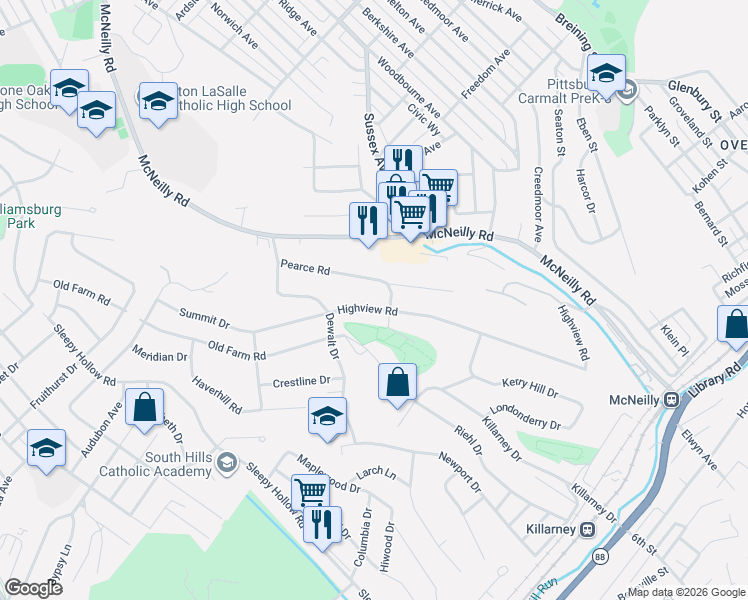 map of restaurants, bars, coffee shops, grocery stores, and more near 440 Pearce Road in Pittsburgh