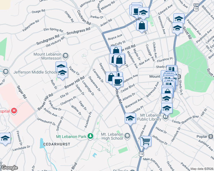 map of restaurants, bars, coffee shops, grocery stores, and more near 494 Serpentine Drive in Pittsburgh