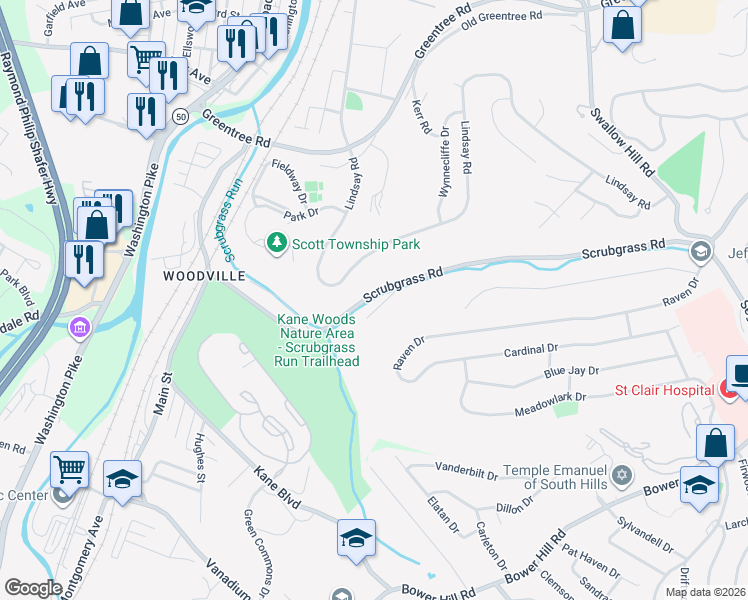 map of restaurants, bars, coffee shops, grocery stores, and more near 1331 Scrubgrass Road in Carnegie