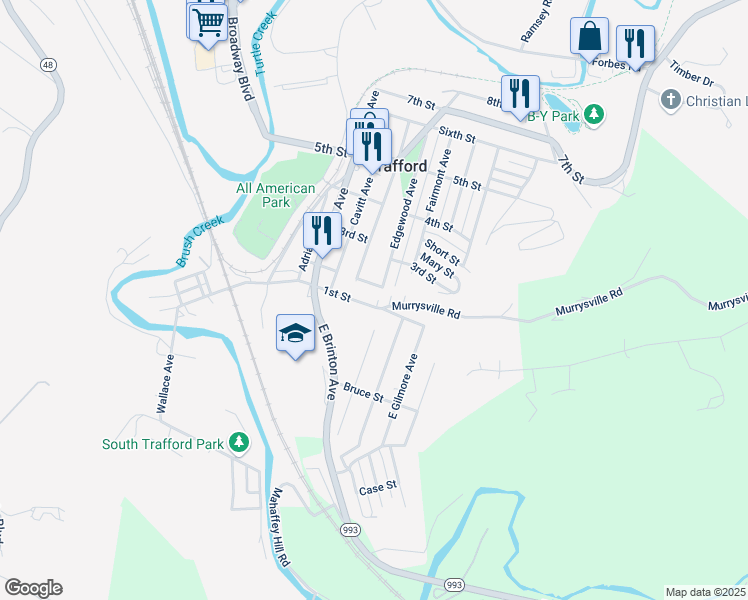 map of restaurants, bars, coffee shops, grocery stores, and more near 106 Edgewood Avenue in Trafford