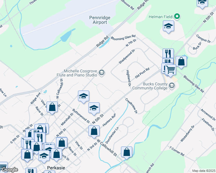 map of restaurants, bars, coffee shops, grocery stores, and more near 548 Penny Lane in Perkasie