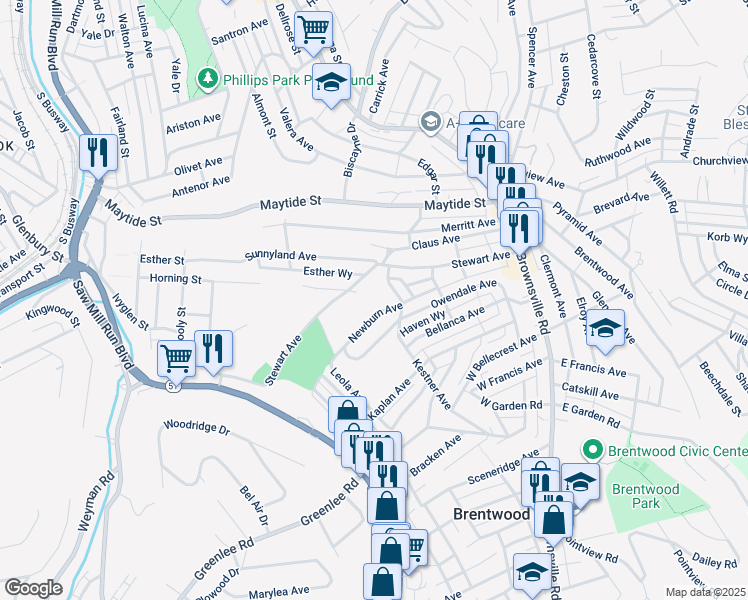map of restaurants, bars, coffee shops, grocery stores, and more near 204 Newburn Avenue in Pittsburgh