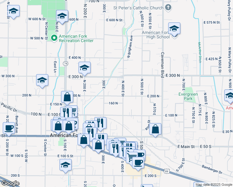 map of restaurants, bars, coffee shops, grocery stores, and more near 369 200 North in American Fork