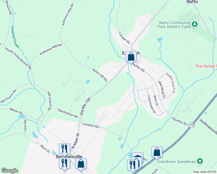 map of restaurants, bars, coffee shops, grocery stores, and more near 2079 Old Route 100 in Bechtelsville