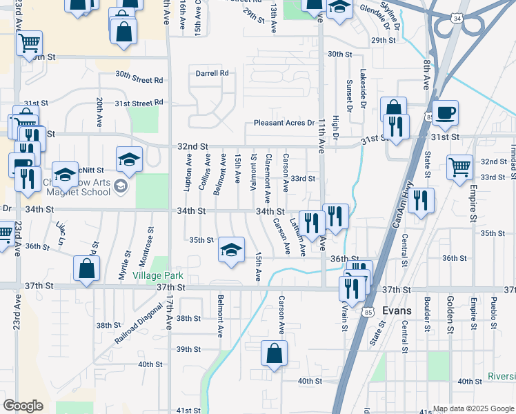 map of restaurants, bars, coffee shops, grocery stores, and more near 3313 Valmont Street in Evans