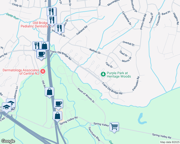 map of restaurants, bars, coffee shops, grocery stores, and more near Trans Old Bridge Road in Old Bridge Township