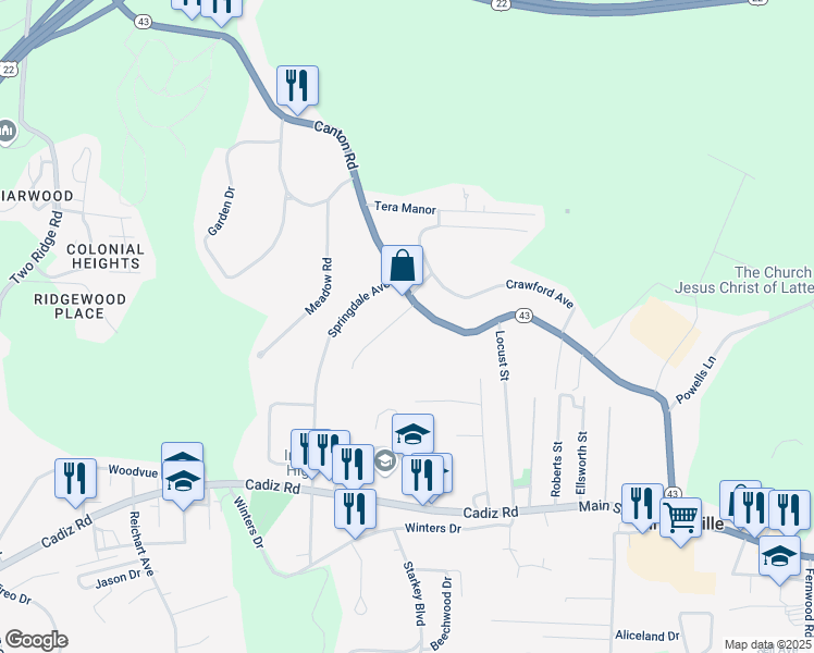 map of restaurants, bars, coffee shops, grocery stores, and more near 115 Grandview Drive in Steubenville