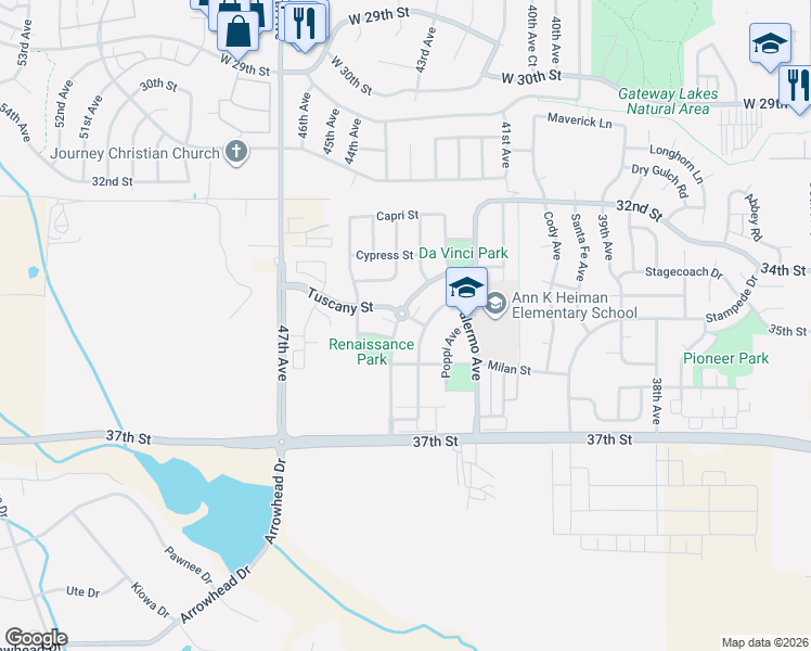 map of restaurants, bars, coffee shops, grocery stores, and more near 3503 Rialto Avenue in Evans