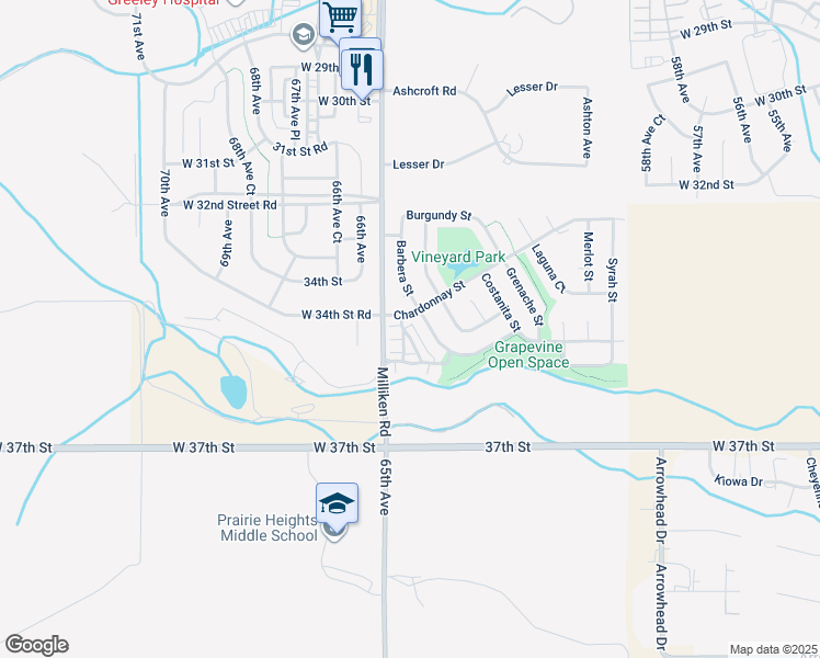 map of restaurants, bars, coffee shops, grocery stores, and more near 6455 Chardonnay Street in Evans