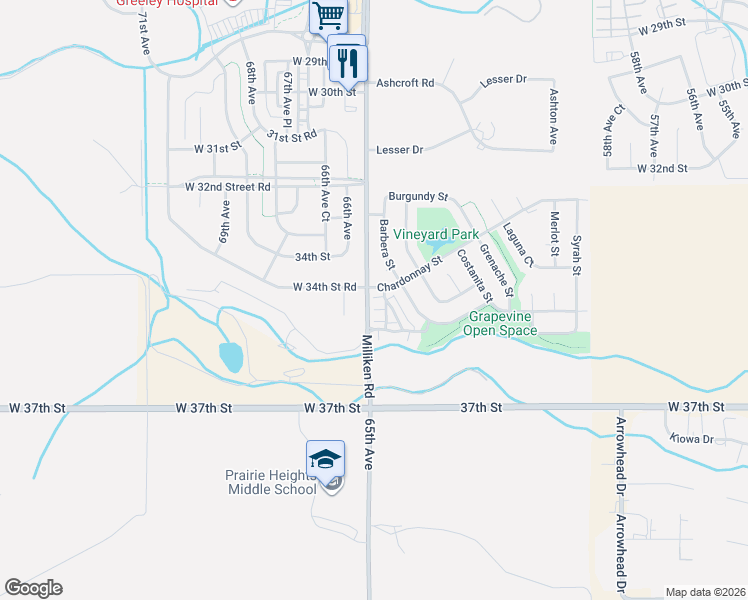 map of restaurants, bars, coffee shops, grocery stores, and more near 6455 Chardonnay Street in Evans