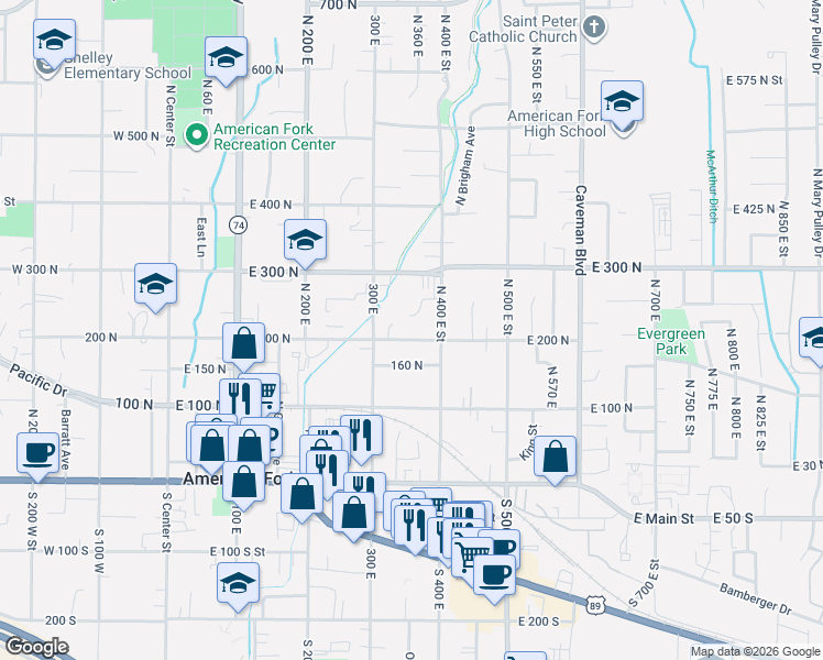 map of restaurants, bars, coffee shops, grocery stores, and more near 369 200 North in American Fork