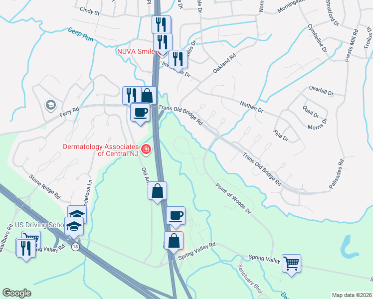 map of restaurants, bars, coffee shops, grocery stores, and more near 19 Amber Drive in Old Bridge
