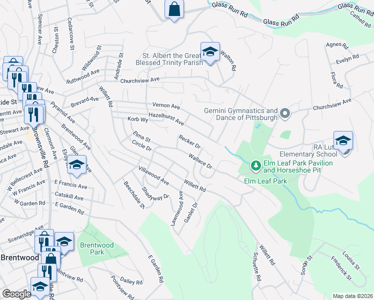 map of restaurants, bars, coffee shops, grocery stores, and more near 3320 Recker Drive in Pittsburgh
