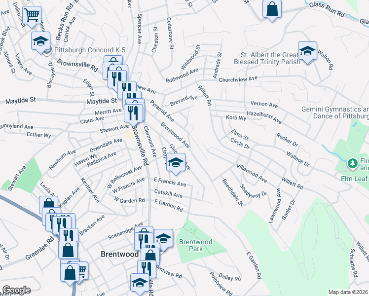 map of restaurants, bars, coffee shops, grocery stores, and more near 3042 Brentwood Avenue in Pittsburgh