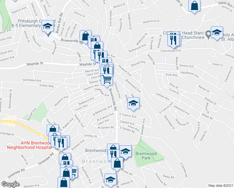 map of restaurants, bars, coffee shops, grocery stores, and more near 2936 Clermont Avenue in Pittsburgh