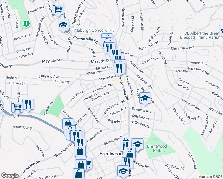 map of restaurants, bars, coffee shops, grocery stores, and more near 45 Owendale Avenue in Pittsburgh