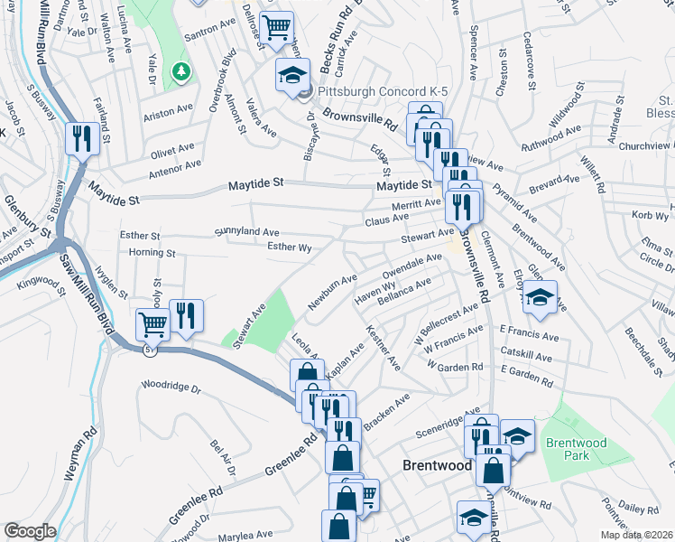 map of restaurants, bars, coffee shops, grocery stores, and more near 204 Newburn Avenue in Pittsburgh