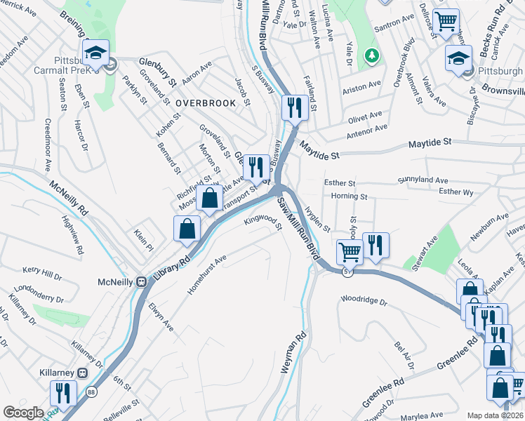 map of restaurants, bars, coffee shops, grocery stores, and more near 2510 Hillview Street in Pittsburgh