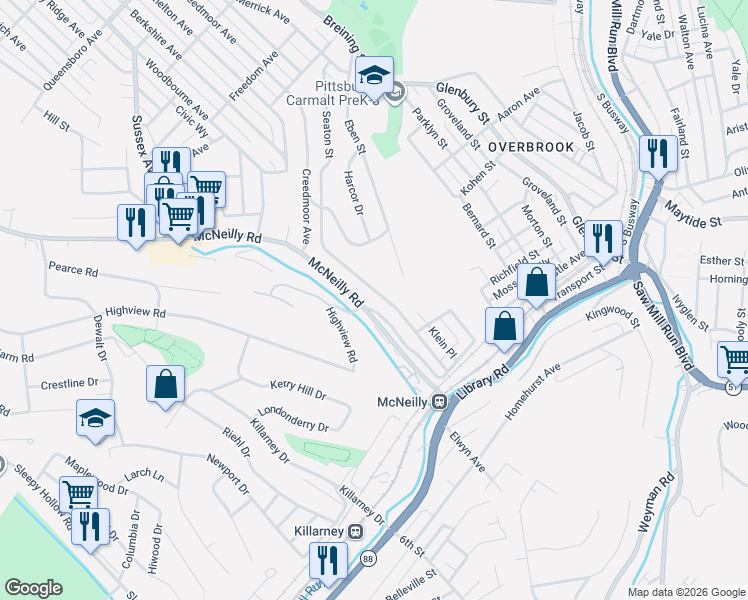 map of restaurants, bars, coffee shops, grocery stores, and more near 2527 Romine Avenue in Pittsburgh