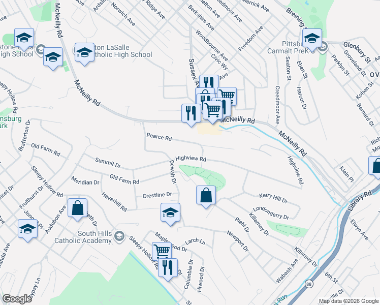 map of restaurants, bars, coffee shops, grocery stores, and more near 440 Pearce Road in Pittsburgh