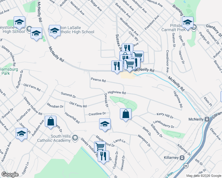 map of restaurants, bars, coffee shops, grocery stores, and more near 440 Pearce Road in Pittsburgh