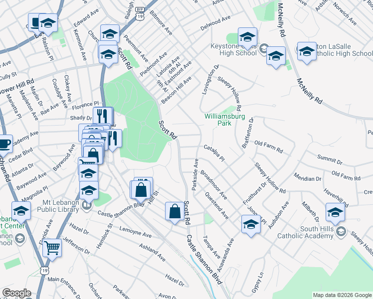 map of restaurants, bars, coffee shops, grocery stores, and more near 5 Catalpa Place in Pittsburgh