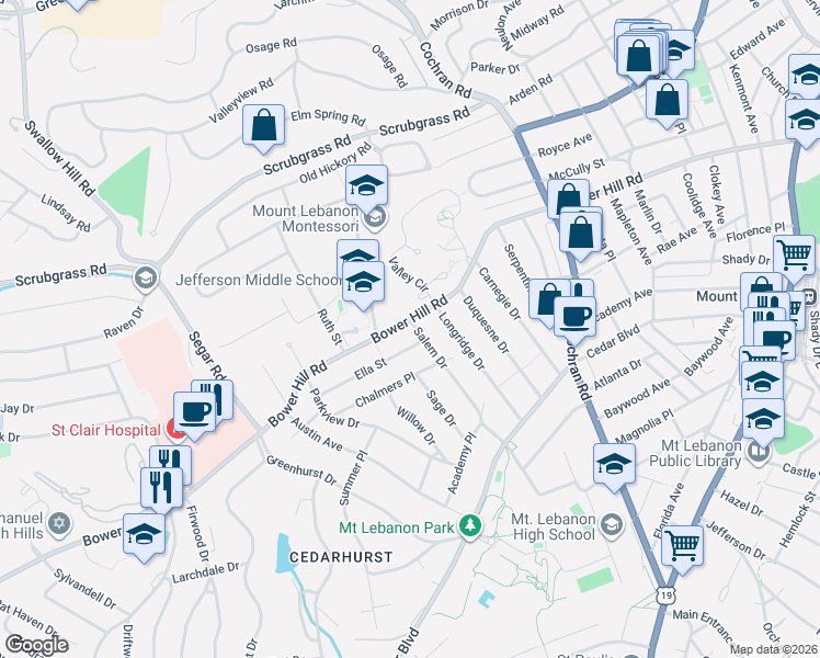 map of restaurants, bars, coffee shops, grocery stores, and more near 792 Bower Hill Road in Pittsburgh