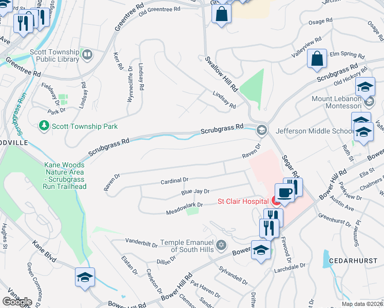 map of restaurants, bars, coffee shops, grocery stores, and more near 1239 Grouse Drive in Pittsburgh