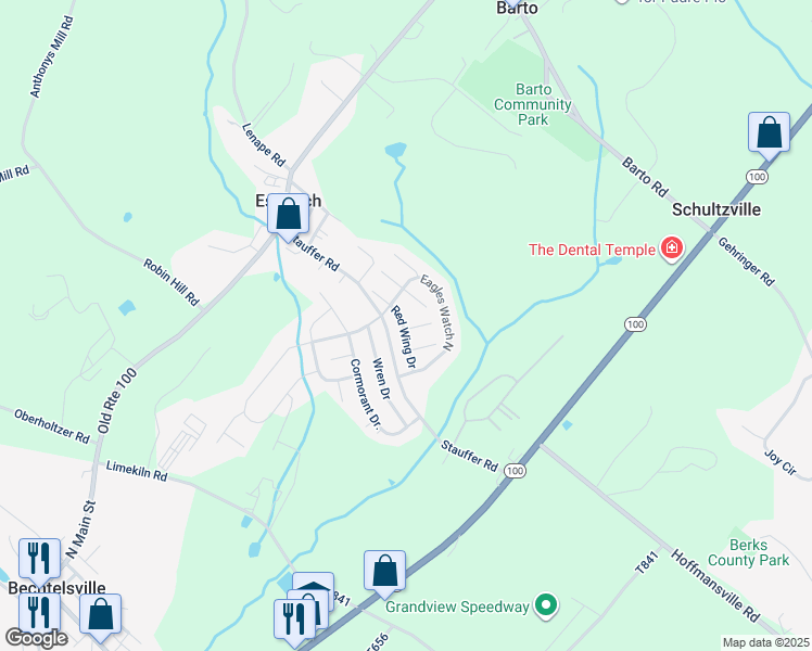 map of restaurants, bars, coffee shops, grocery stores, and more near 8 Red Wing Drive in Bechtelsville