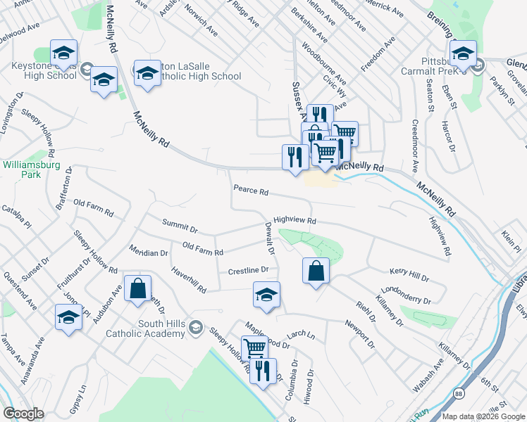 map of restaurants, bars, coffee shops, grocery stores, and more near 435 Dewalt Drive in Pittsburgh