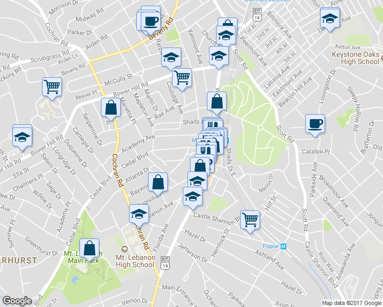map of restaurants, bars, coffee shops, grocery stores, and more near 31 Cedar Boulevard in Pittsburgh