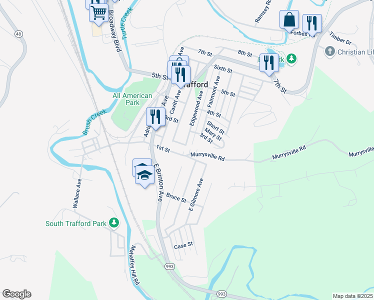 map of restaurants, bars, coffee shops, grocery stores, and more near 106 Edgewood Avenue in Trafford